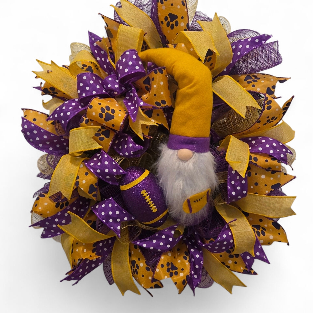 LSU Tiger Sports Wreath Purple and Gold Football Fan Gnome Wreath